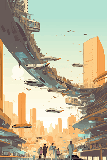 futuristic city, bridges, balconys, flying cars, people, moebius, minimalistic vector,