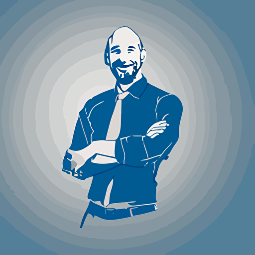 silhoette of professional gaffer, facing camera, arms crossed, smiling, sleeves rolled up, blue color, gray background, simple design, vector style, white outline over silhouette