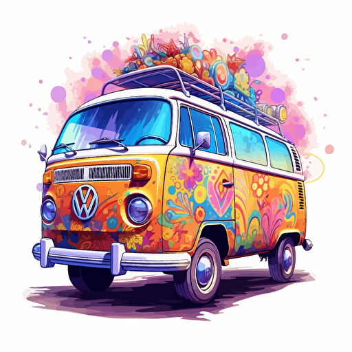 round up design with digital illustration of hippies 60s volkswagen van, magic world inspired by Studio Ghibli, vector illustration, intricate details, unreal engine, extremely high detailing, sharp, white background