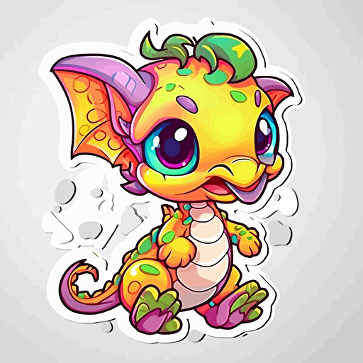 cute dragon baby, lisa frank style, sticker, white background, contour vector, front view, attention on detail and proportions