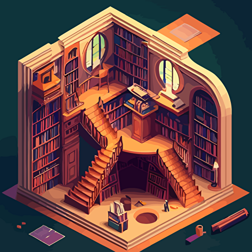 Based on M.C. Escher's optical illusions, design a vector illustration of a library where staircases connect bookshelves in impossible ways, with people reading and exploring the space. Set the scene under a soft, magical light.