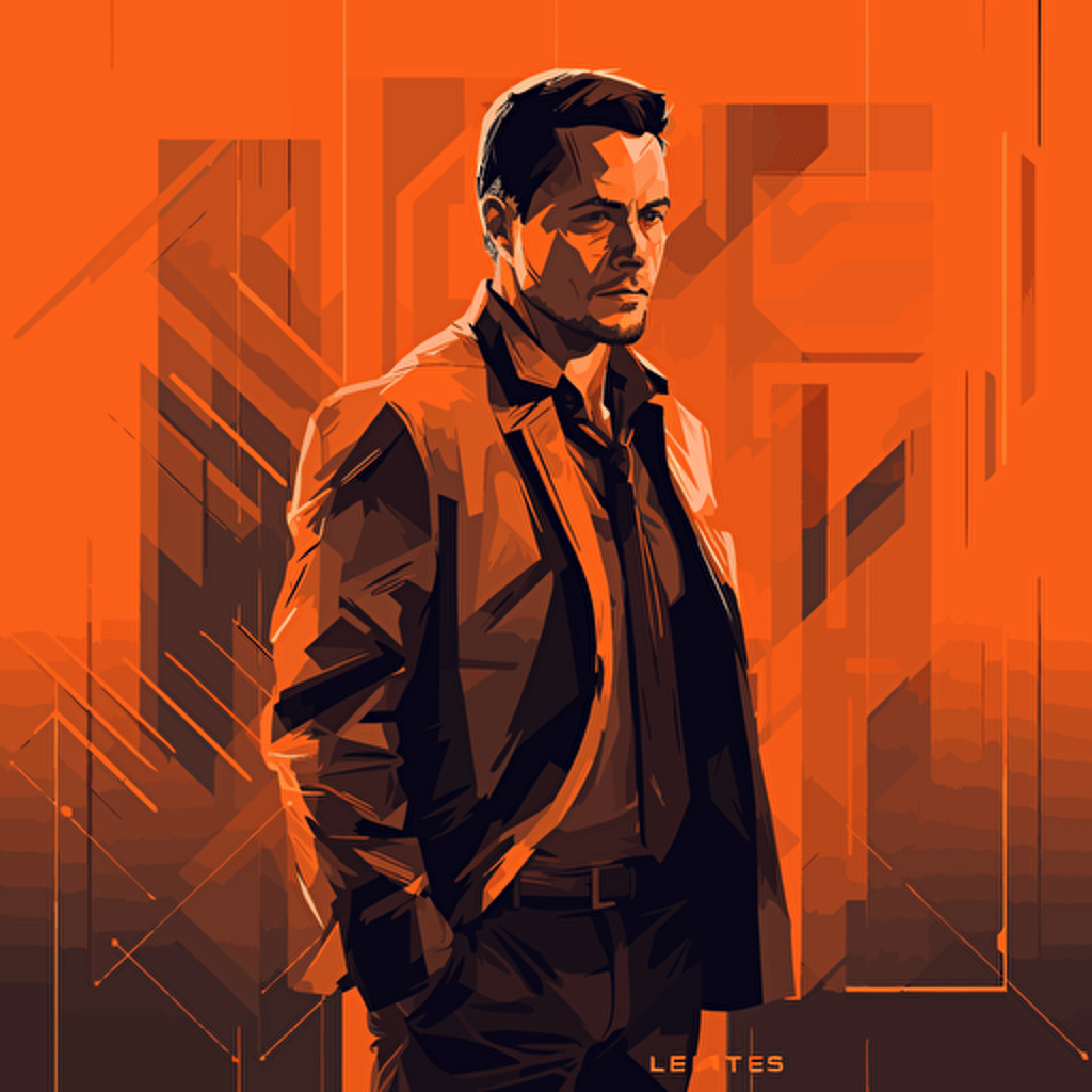 2D vector Jordan Belfort (Leonardo DiCaprio) in minimalism cyberpunk style and in orange colors. Dark background