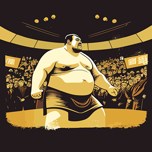 Inspired by Japanese sumo wrestling, create a vector illustration of Satoshi Nakamoto attending a sumo match at a traditional arena, cheering for his favorite wrestler. Set the scene during an exciting and intense competition.