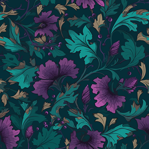 green leaves and flowers in the summer; vector seamless background, in the style of petrol and purple, baroque exaggeration, 1970–present, flowerpunk,