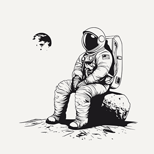 vector image of an astronaut sitting on the moon, black, white background, minimalist, vector, illustrator, simple, clean, small