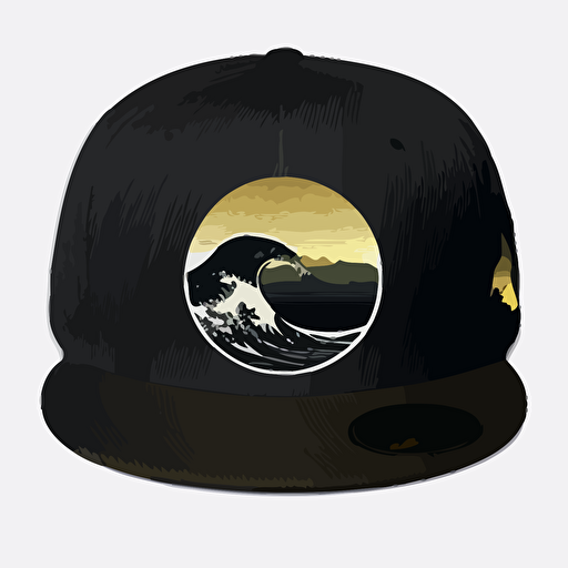 flat vector art of a wave in front of mountain in the silhouette of a circle, presented as embroidered logo on a new era hat