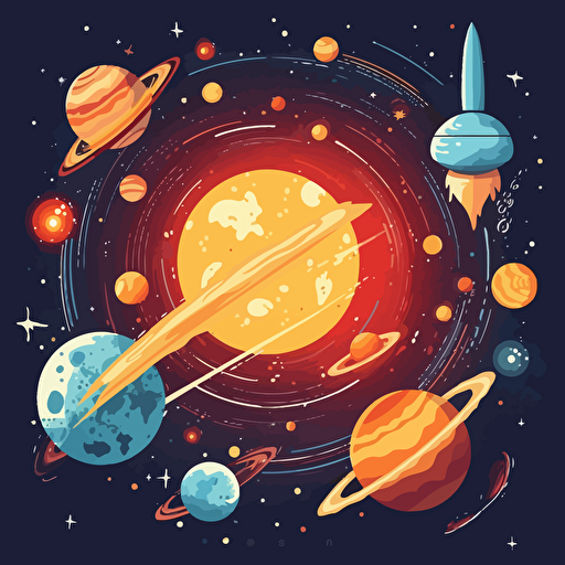 a foriegn and unexplored galaxy with unique planets rotating around a sun, viewed from outerspace with a cute space shuttle coming into orbit, vector illustration