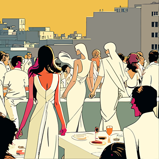920's summer party on a rooftop terrace in barcelona where people are all dressed in white, pop art, vector, minimalistic