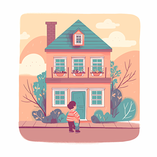 a small house on a street with a baby looking out the front window. Vector illustration.