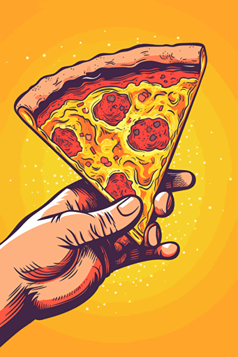 a perfect hand holding a big cheesy slice of pizza, cartoon style, vector art, by Hannah Barbara and John K., in the style of Ren & Stimpy