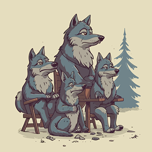 three sitting wolves, two of them dangerous and one handicapped, cartoon style, vector.