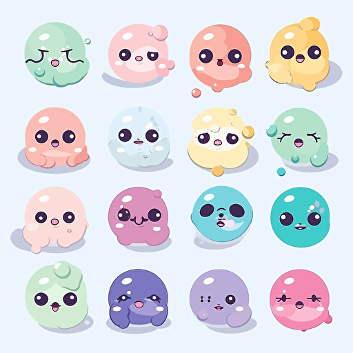 Kawaii bubbles falling flat, 2D, vector, 16 colors, white background, in anime chibi style