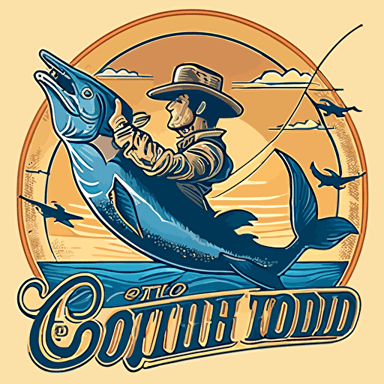 Retro Logo and brand for the "Saltwater Cowboy OBO" featuring a 2016 model seahunt fishing boat, young athletic Cowboy, tan skin, wearing a cowboy hat, sunglasses, riding on top of a large blue marlin jumping out of the ocean with the sunset in the background, flat, vector, 2D, comic book hero style