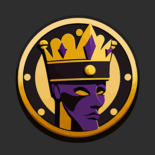 a poker chip with a cute vectorised crowned casino king head, logo minimalist, purple, yellow gold and black