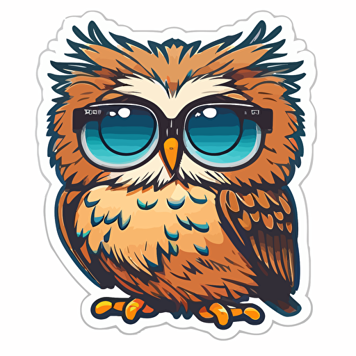 sticker, a very cool owl with sunglasses, kawaii, contour, vector, white background
