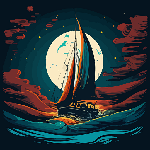 small yacht with sails, at night, rough seas and huge moon