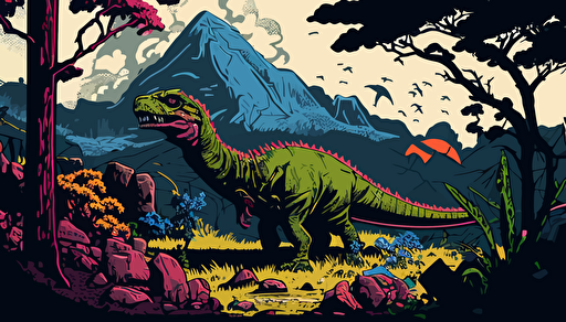 a panel from a Shōnen manga depicting various and diverse types of dinosaurs on a beautiful land during the jurassic period we see a tyrannosaurus rex guarding a nest with its eggs in the foreground, color pop, flat vector art, bright colors, high resolution