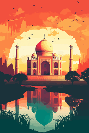 taj mahal, illustration, painting, colorful, sun in sky, front view, flat,vector