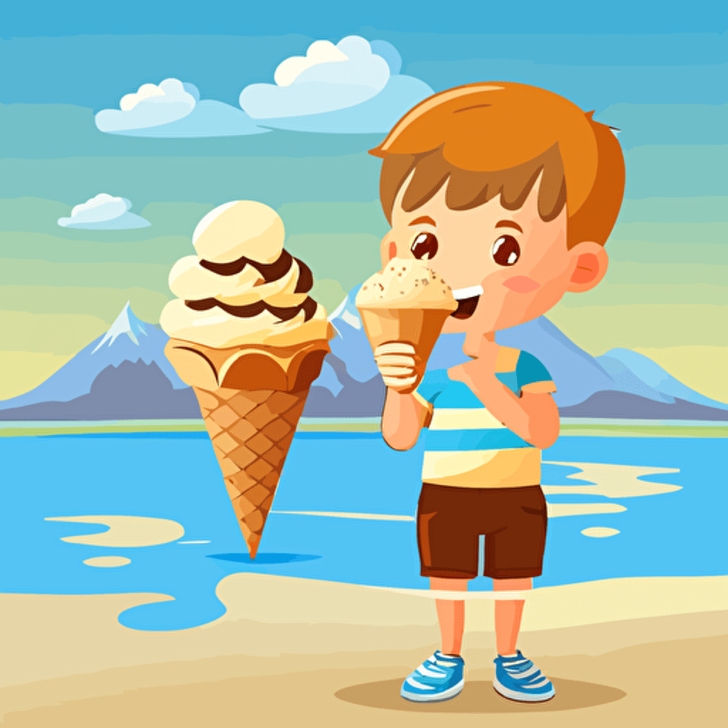 kid holding an ice cream cone on a summer beach, lake view, vector style