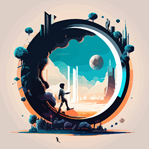 Vector based art of a portal located in a planet leading to a high tech futuristic city and children on flying sticks entering the portal
