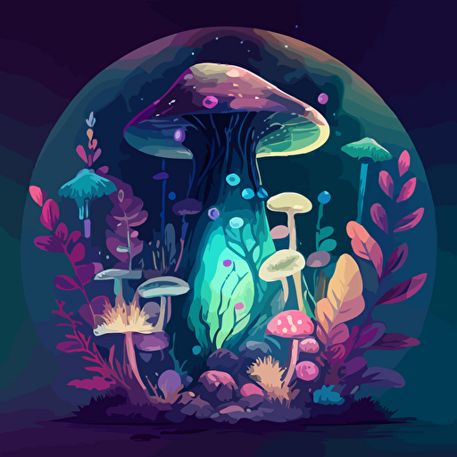 a spiritual and healing and otherwordly world for an instagram post, dream like and healing with crystals and beautiful ethereal creations in a vector or illustrated style with mushrooms