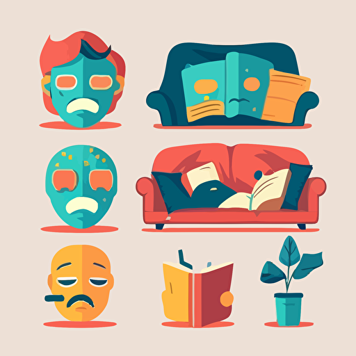 cute flat vector illustrations of face mask, book, couch and movie.