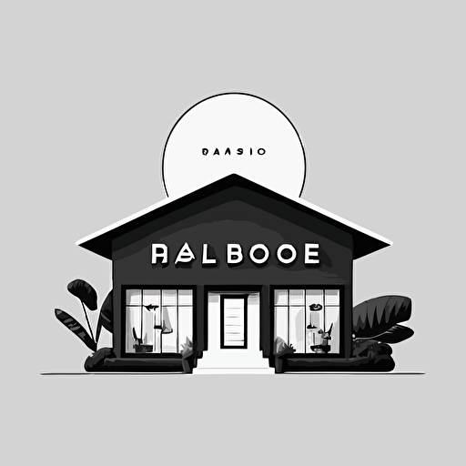design a mid century modern furniture retail store logo name Bao House. The logo displayed under a simple house shape vector. Black and White