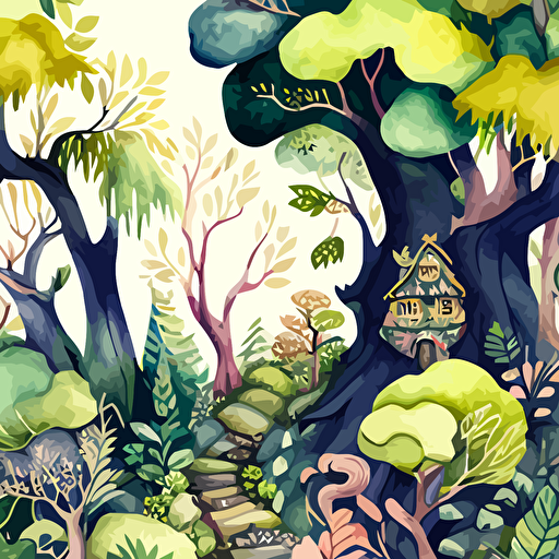 seemless pattern. High resolution vector image. Journey through an enchanted forest. Watercolor