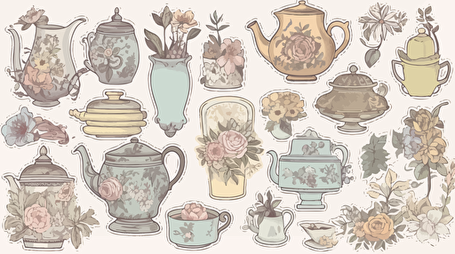 imagine sticker sheet of different types of antique tea pot, flowers, soft pastel color, antique style, white background, hd, vector