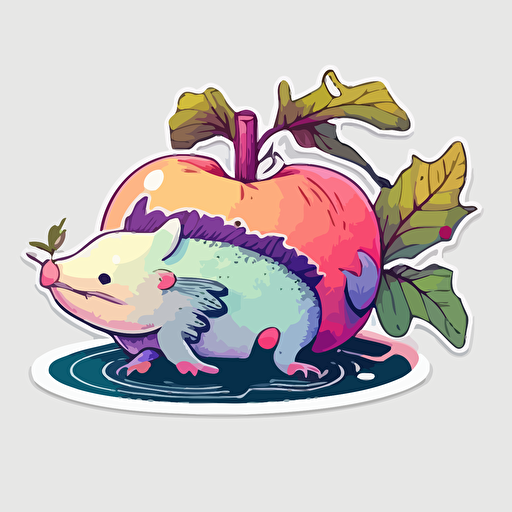 sticker art, vector logo, axolotl sitting on an apple, fun, coloful