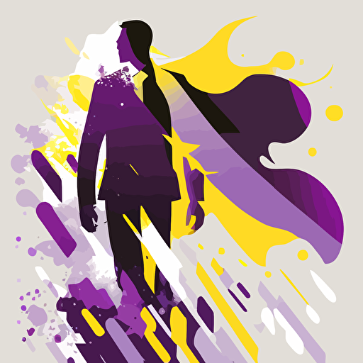 Modern, vector, illustration of heroic person following dream and business. In colors purple, yellow, gray and white.
