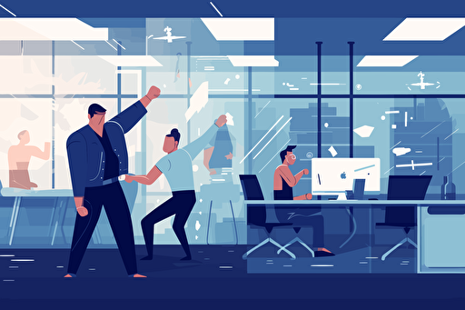 People in an office king fu fighting, flat style illustration for business ideas, flat design vector, industrial, light and magical, high resolution, entrepreneur, colored cartoon style, light indigo and dark indigo, cad( computer aided design) , white background