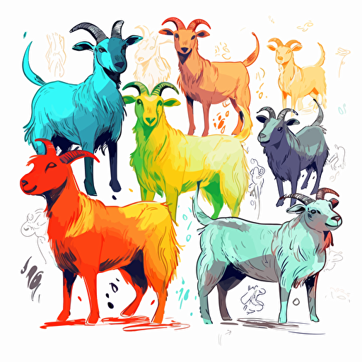 adorable brightly colored goats on a white background + doodle style + white background + simple vector + bright colors