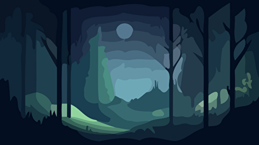 Flat cover 2D art of a blueish and greenish forest with a few fuzzy fireflies, simple flat natural elements and few animals. dark mood and evanescent moon in the distance, dark pinetrees, flat dark colors, grainy gradient shadows, vector style.
