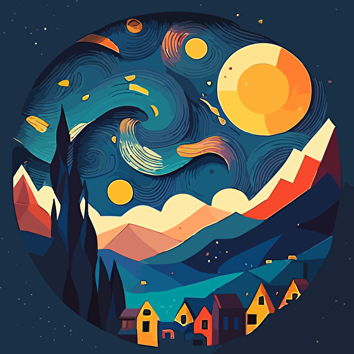 Create a flat design interpretation of Van Gogh's "The Starry Night," using simple shapes and a limited color palette in a vector art style.