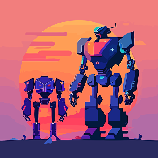 Artificial intelligence fights robots on the planet,flat vector， blue purple orange gradient， simple minimal， by Ivan Chermayeff