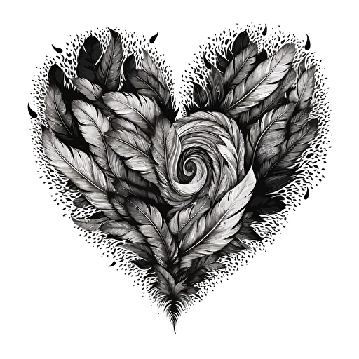 a feather plume made with hearts that is a simple black and white vector line drawn so I can color later