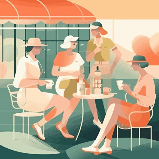 a group of tennis players having coffe in a tennis club, smiling, pastel colours, abstract vector illustration style