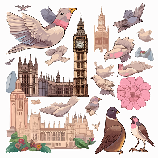 pidgeons clipart a set of stickers paper cutouts for scrapbooking collage UK themed. Vector image of Westminster London, full view, highly quality, no text, illustration,