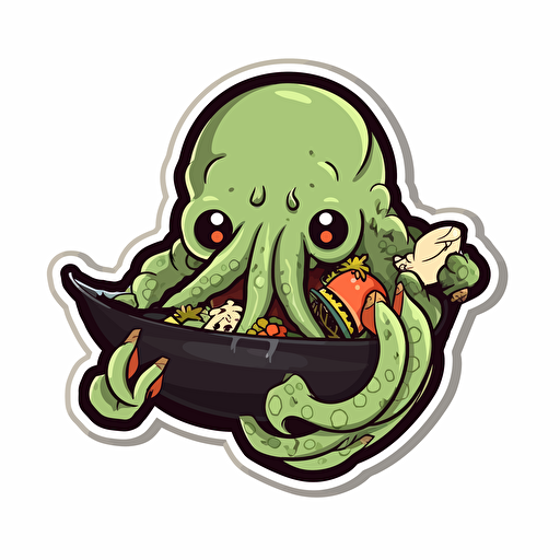 cthulhu eating sushi, sticker, cartoon style, vector, White background,