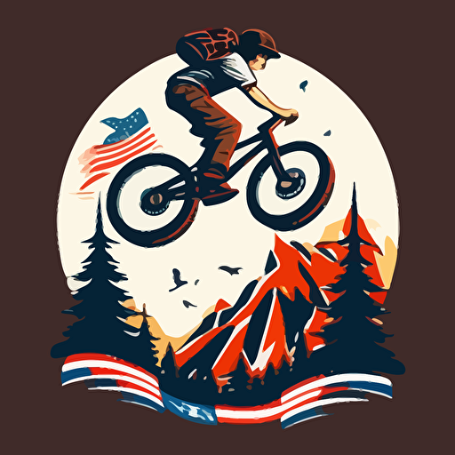 guy riding mountain bike with one wheel in the air, simple art, American traditional style, logo style vector,