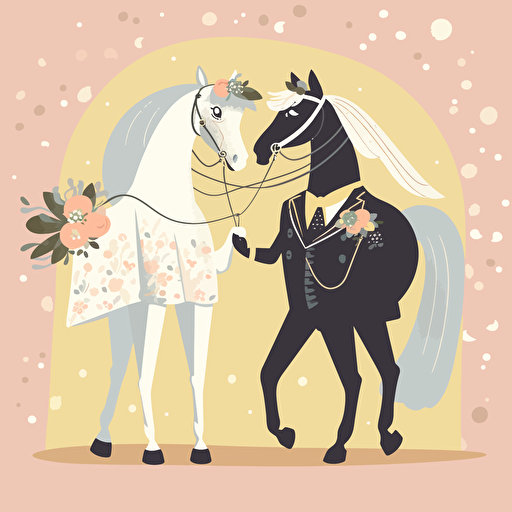Vector art of a horse dressed as a bride and a horse dressed as a groom, in the style of Britta Teckentrup illustrations