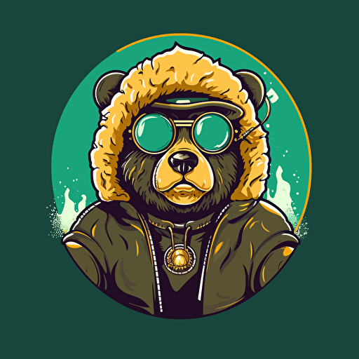 2d Minimalist logo design of a bear smoking marijuana dressed in hip hop attire, splash art, vector art