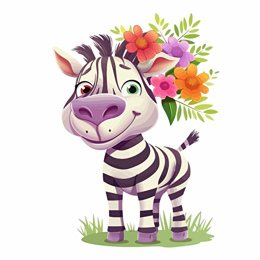 cute zebra with flowers, detailed, cartoon style, 2d clipart vector, creative and imaginative, hd, white background