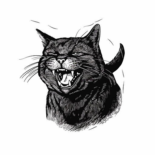 illustration of a cat laughing hard, black ink, vector isolated on white