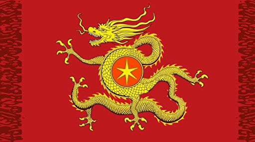 badass fiery detailed red and gold fierce dragon empire flag with big chinese star and dragon in the middle, futuristic and minimalistic government flag design, badass design, powerful nation, vector emblem