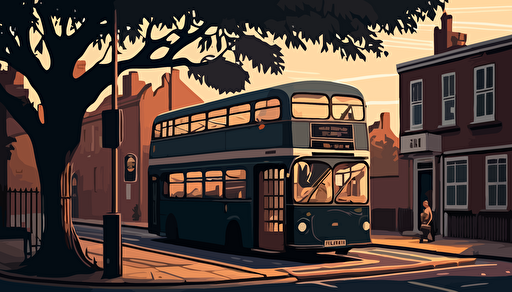 a sherphard fairey illustration of a bus stop in the middle of an urban street, the bus stop is facing the audience at a flat angle, vector,