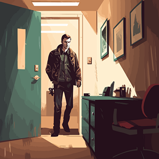 concept art, vector, simple background, man in leather jacket, sneaking in office