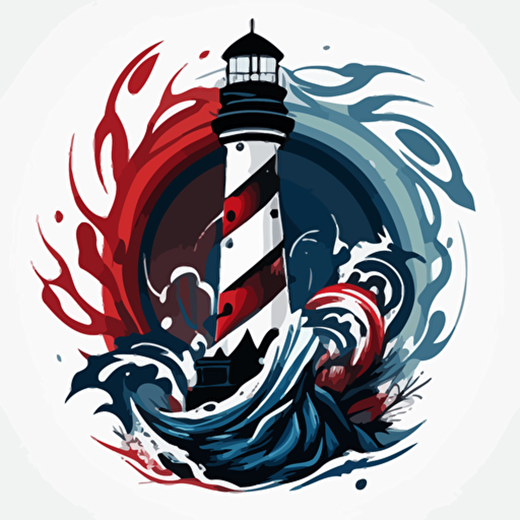 A vector logo of an anchor growing into a lighthouse with heavy waves around it. All using shades of White, black, red and blue.