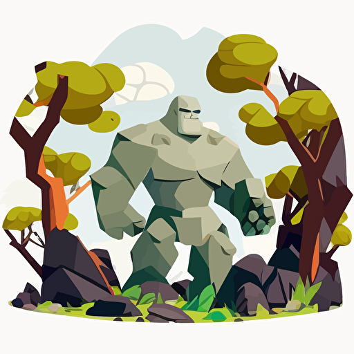 golem with trees and rock, vector logo, vector art, emblem, simple cartoon, 2d